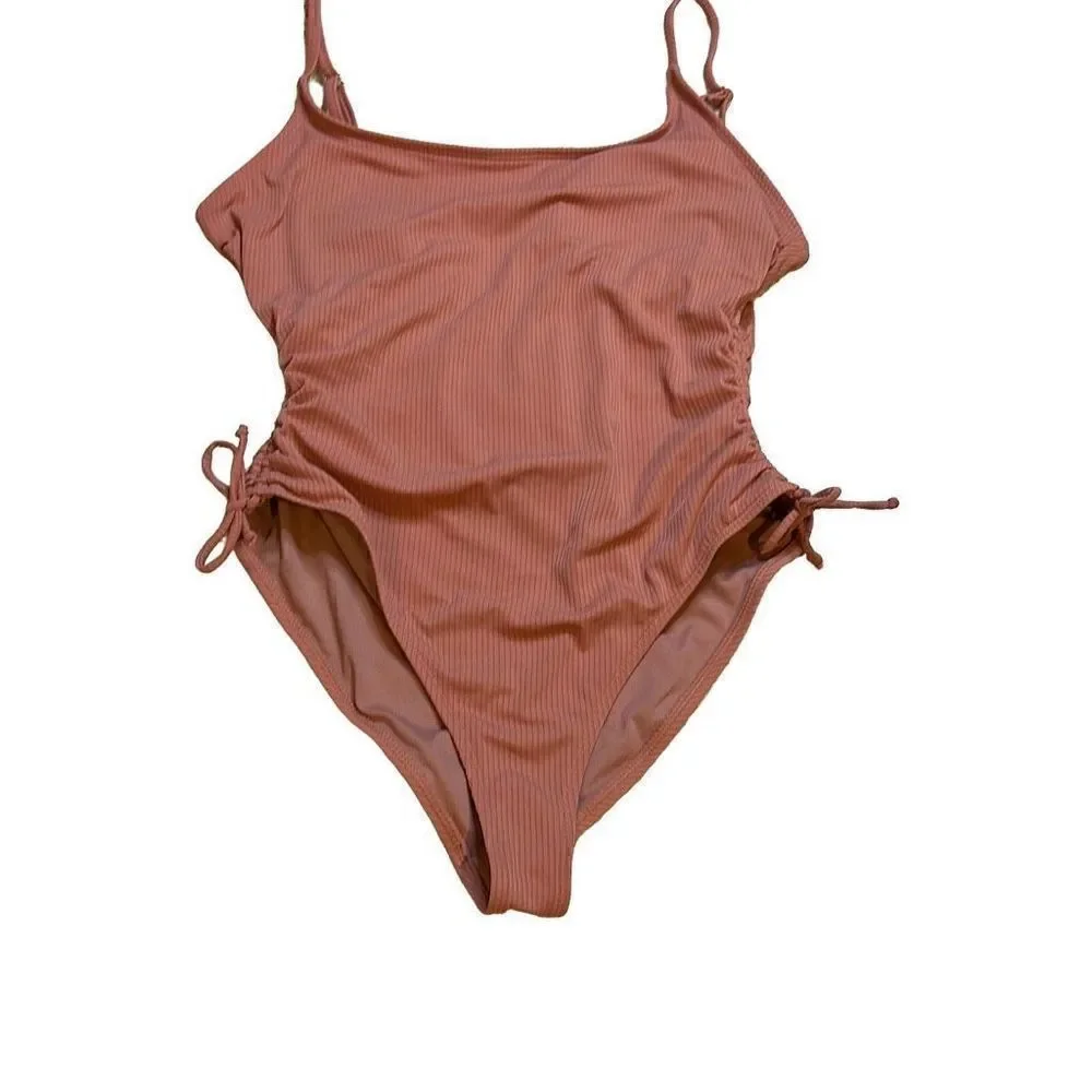 Tahiti Women's Pink Sexy Ruched Draw String One Piece Swimsuit Size Large
